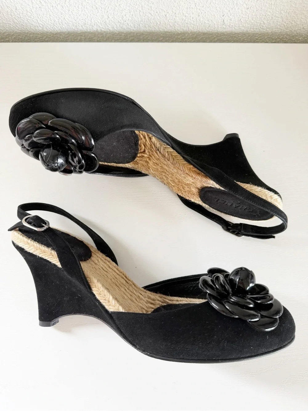 Chanel Camellia Espadrille Wedge Sandals 2006 Cruise Black Suede EU 40